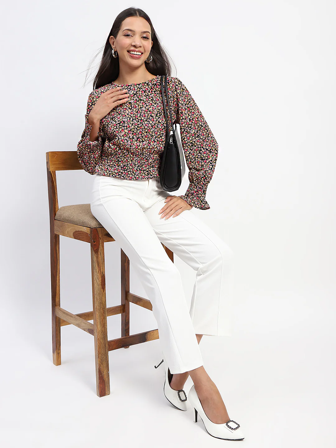 Madame Floral Print Cinch Waist Black Top - Image 2