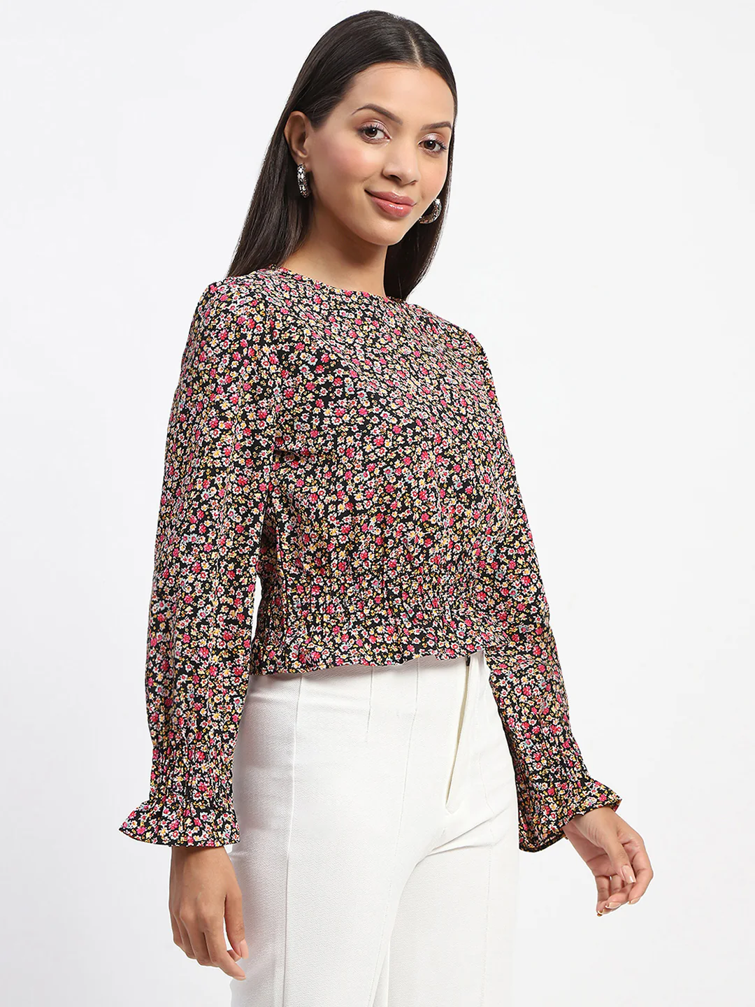 Madame Floral Print Cinch Waist Black Top - Image 3