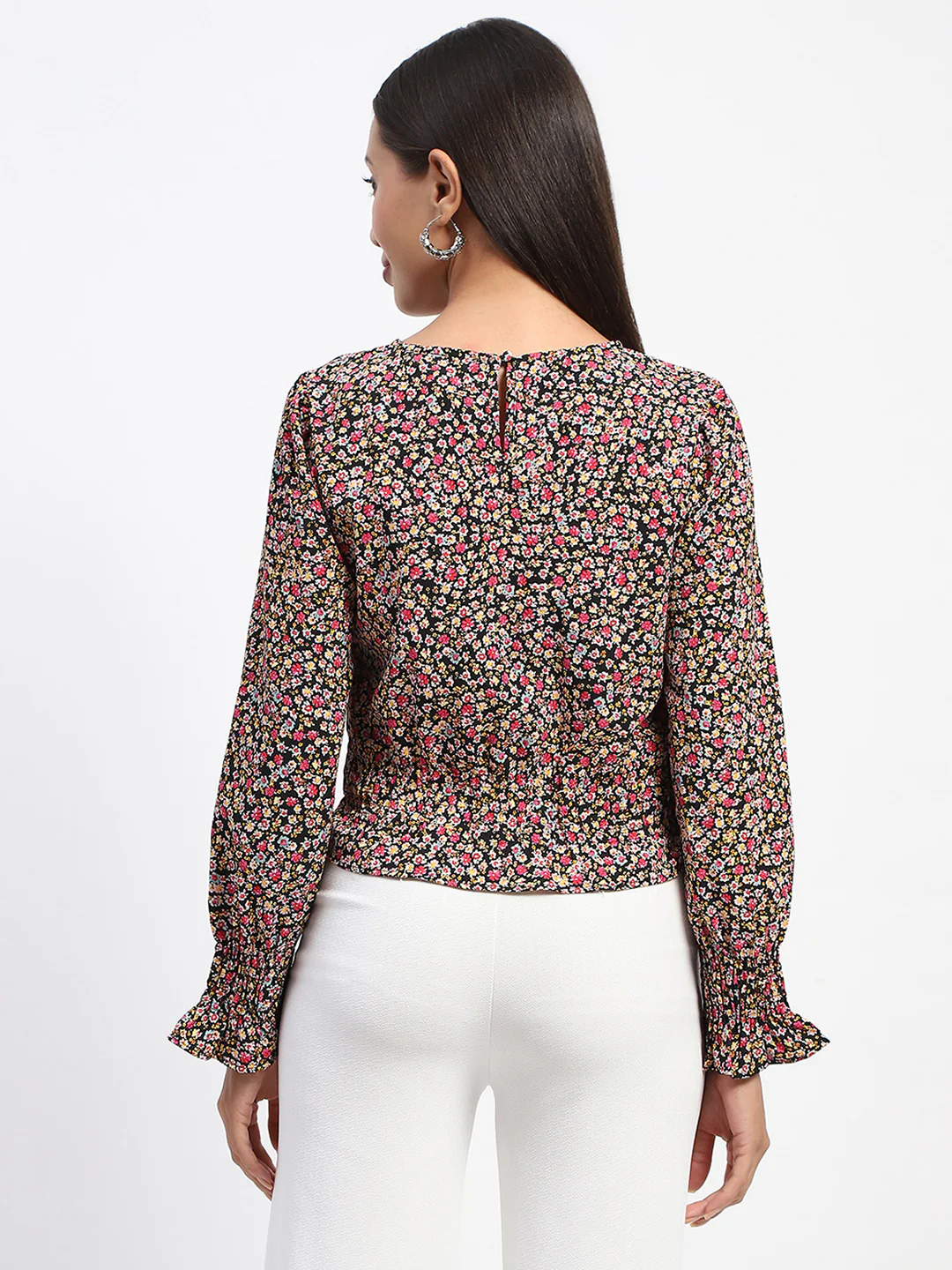 Madame Floral Print Cinch Waist Black Top - Image 5