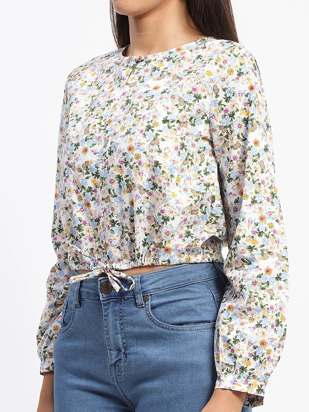 Madame Cotton Floral Print Drawstring Waist Multicolor Top - Image 6