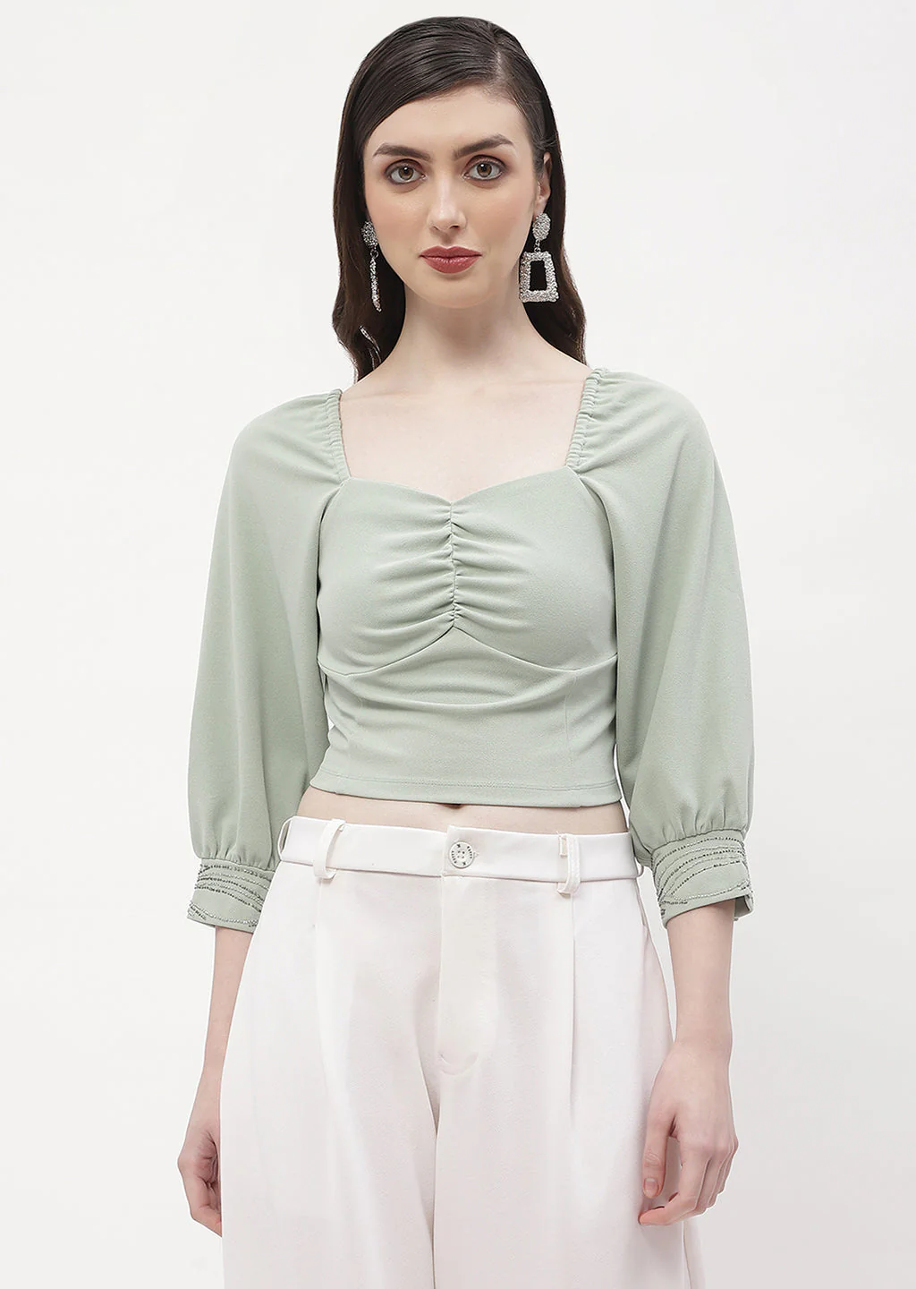 Madame Sweetheart Neck Sage Green Embellished Cuffs Top