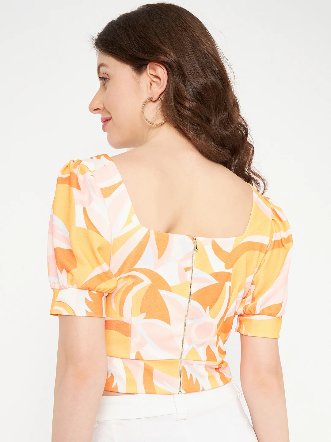 Madame Marble Print Square Neck Tangerine Orange Crop Top - Image 6