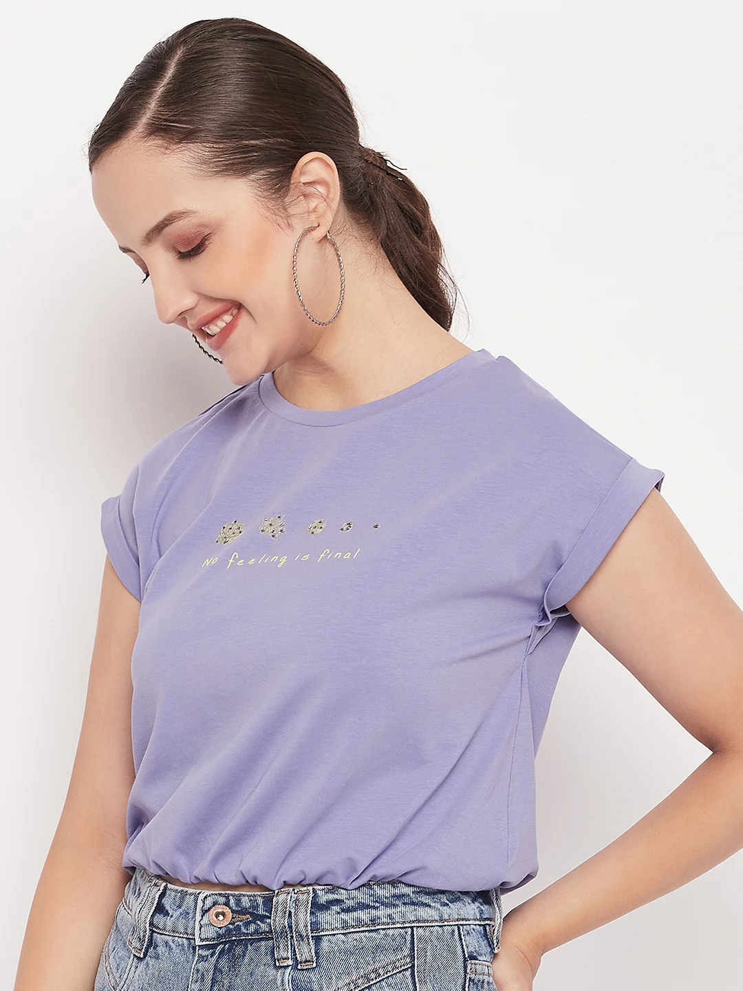 Madame Solid Violet Typography Cuffed Half Sleeves Elasticated Waist Top - Image 5