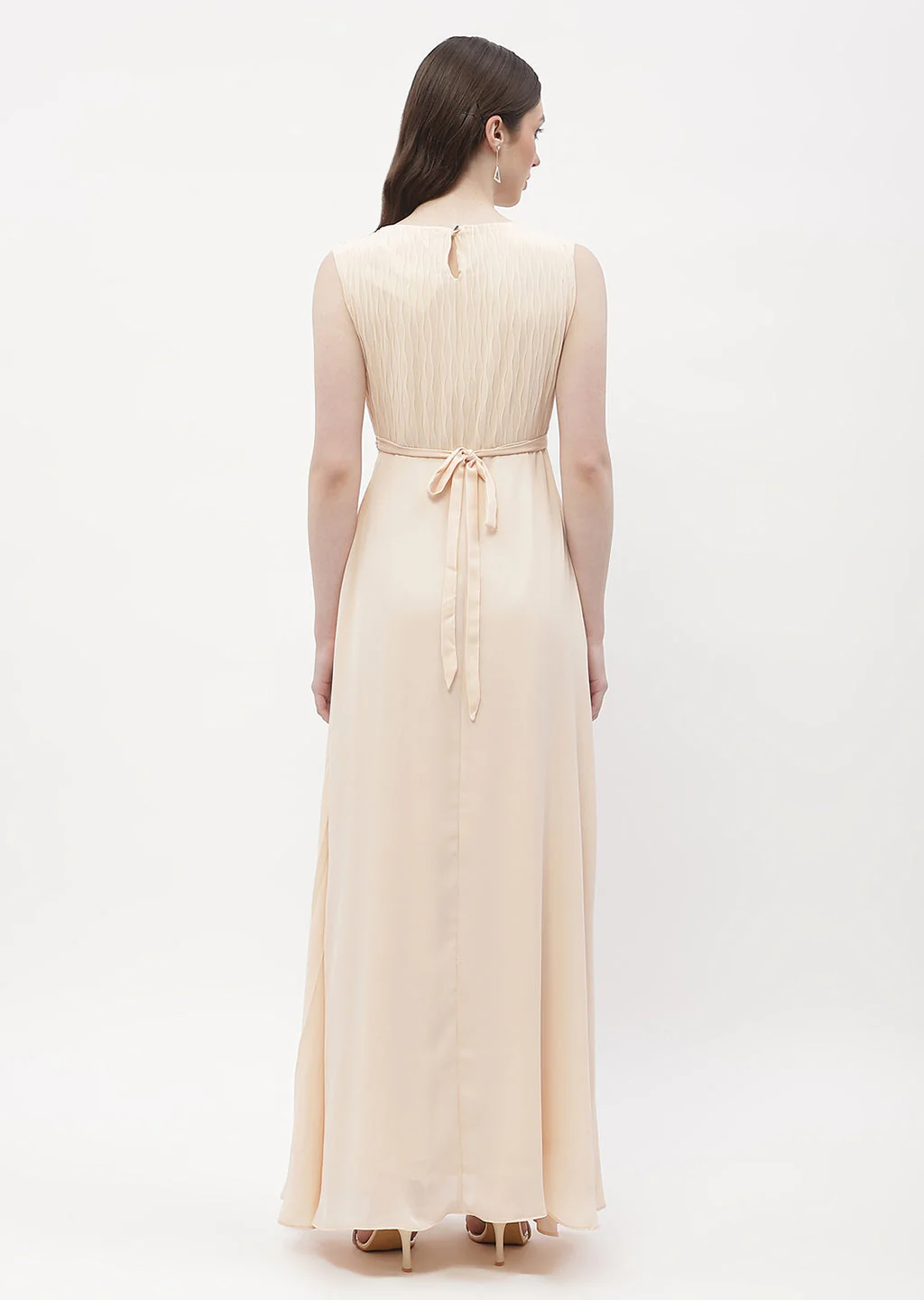 Madame Embellished Beige Crew Neck Maxi Dress - Image 3