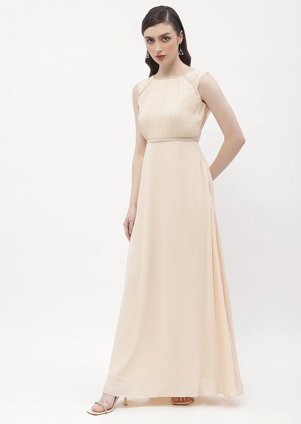 Madame Embellished Beige Crew Neck Maxi Dress - Image 4
