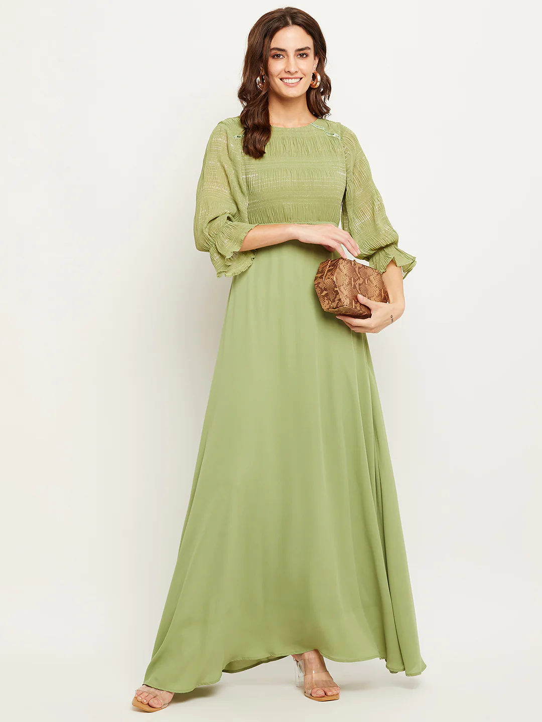 Madame Green Embellished Puff Sleeve Fit-Flare Dress - Image 2