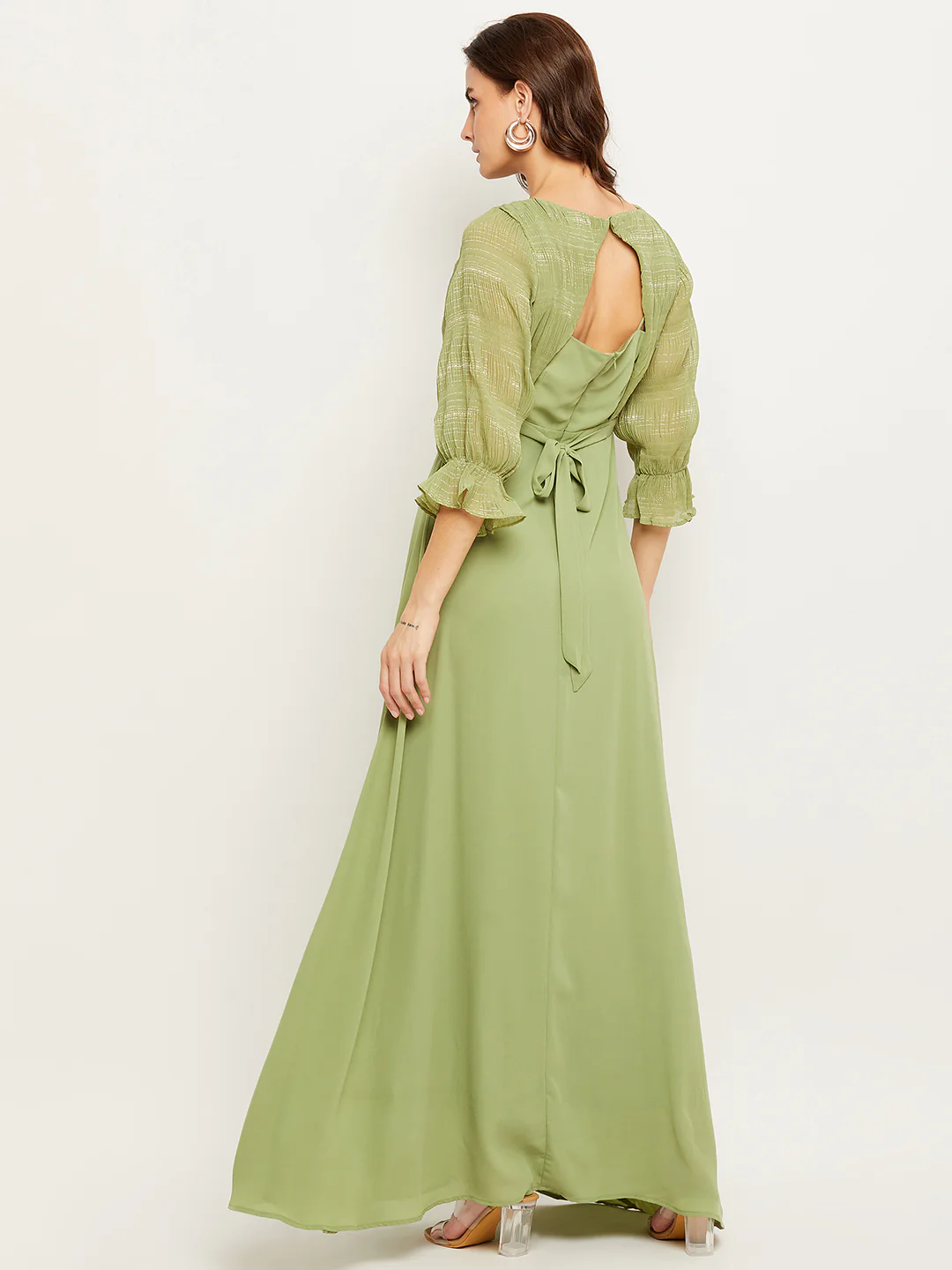 Madame Green Embellished Puff Sleeve Fit-Flare Dress - Image 6