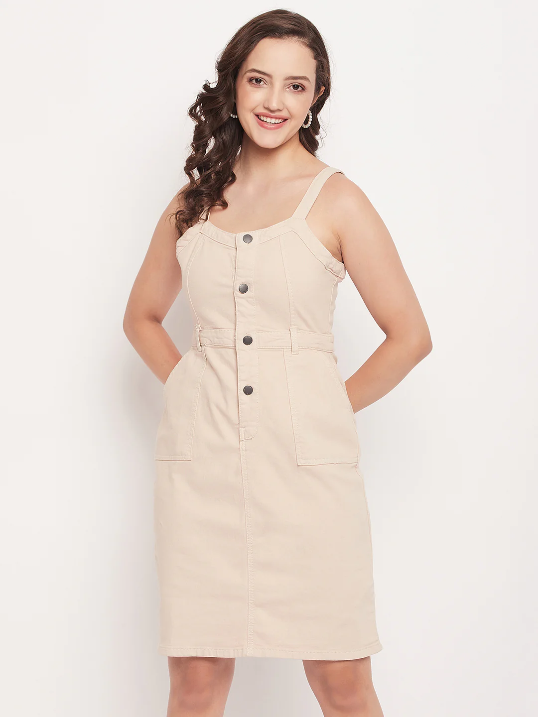 Madame Beige Sleeveless Denim Shift Dress - Image 3