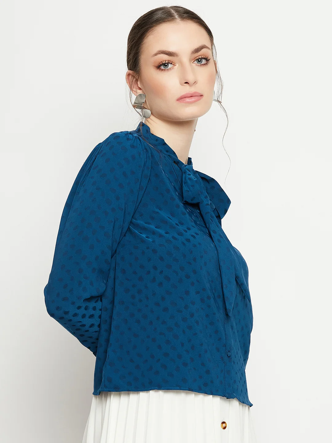 Madame Tie-Up Neck Full Sleeve Teal Shirt - Image 4
