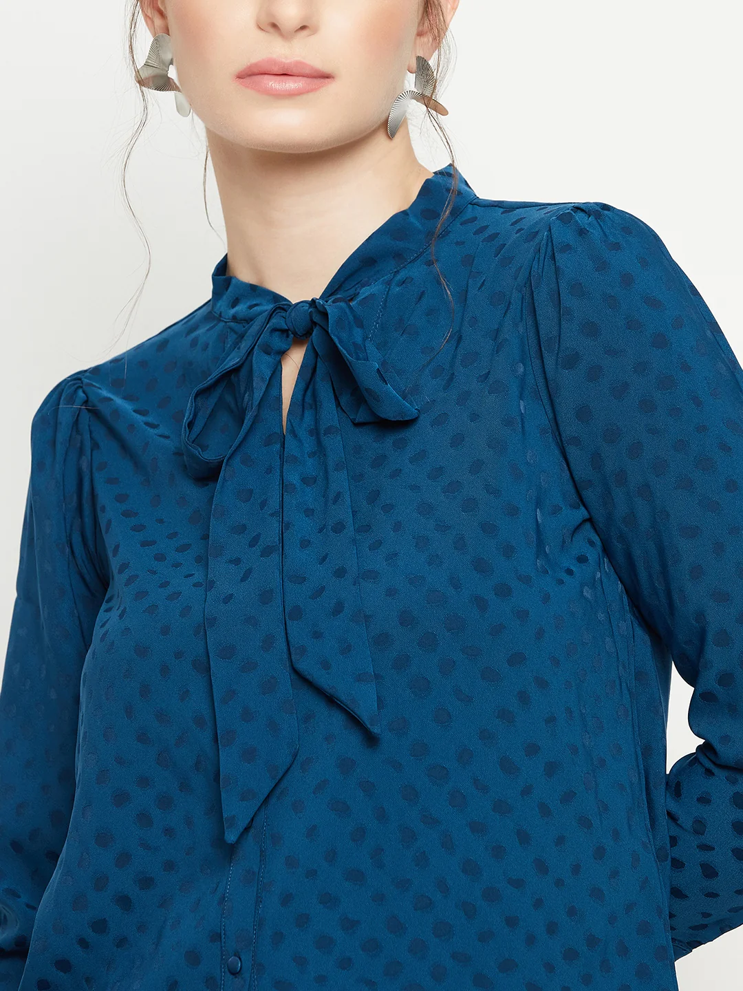 Madame Tie-Up Neck Full Sleeve Teal Shirt - Image 7