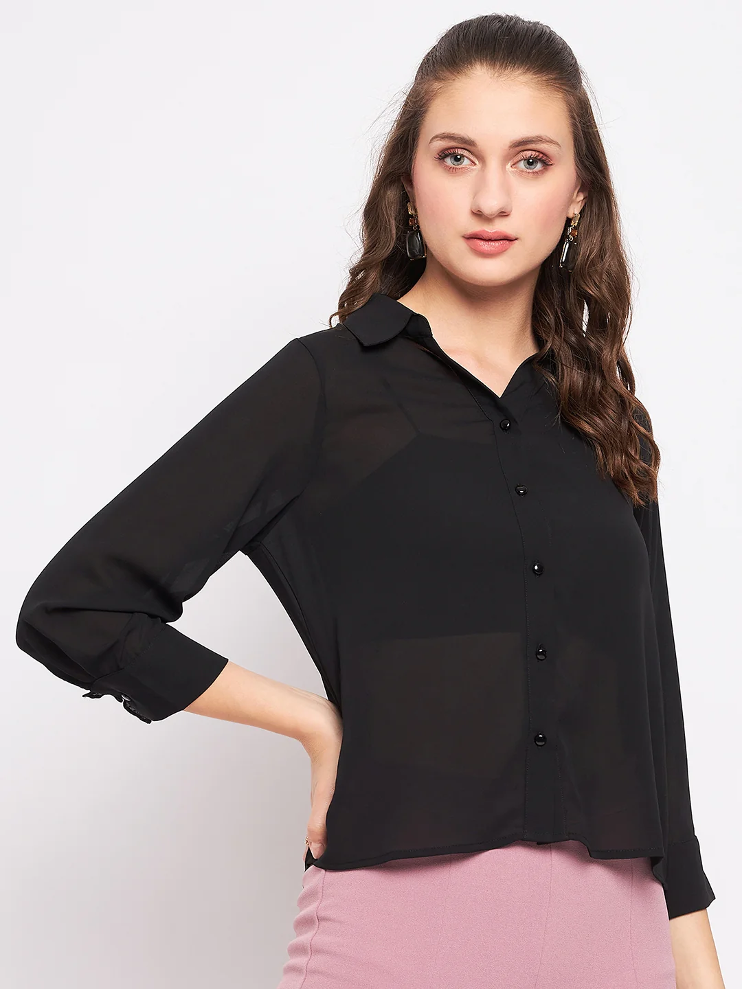 Madame Quarter Sleeve Black Semi Sheer Shirt - Image 4