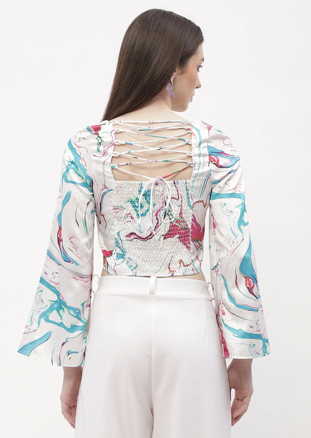 Madame Abstract Print Off-White Bell Sleeve Crop Top - Image 3