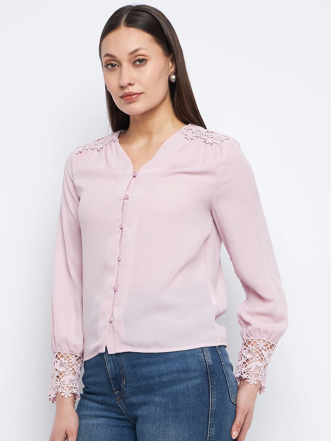 Madame Lace Detailed Onion Pink V-Neck Shirt - Image 5
