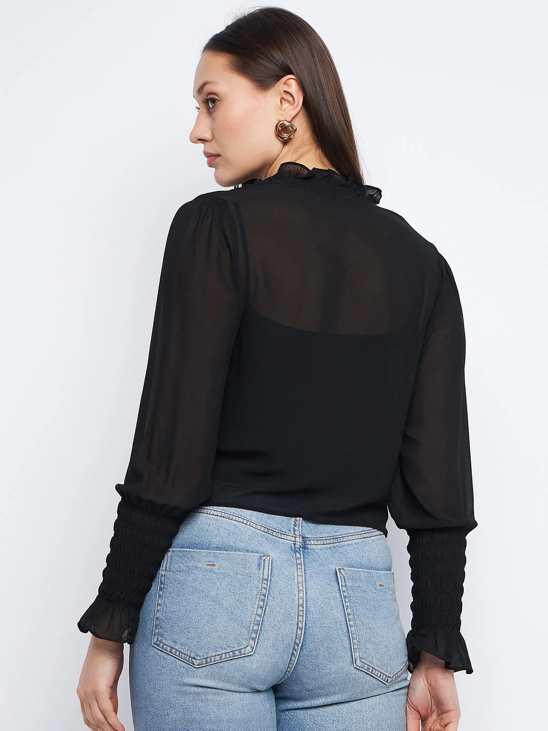 Madame Ruched Black Poet Sleeve Top - Image 5