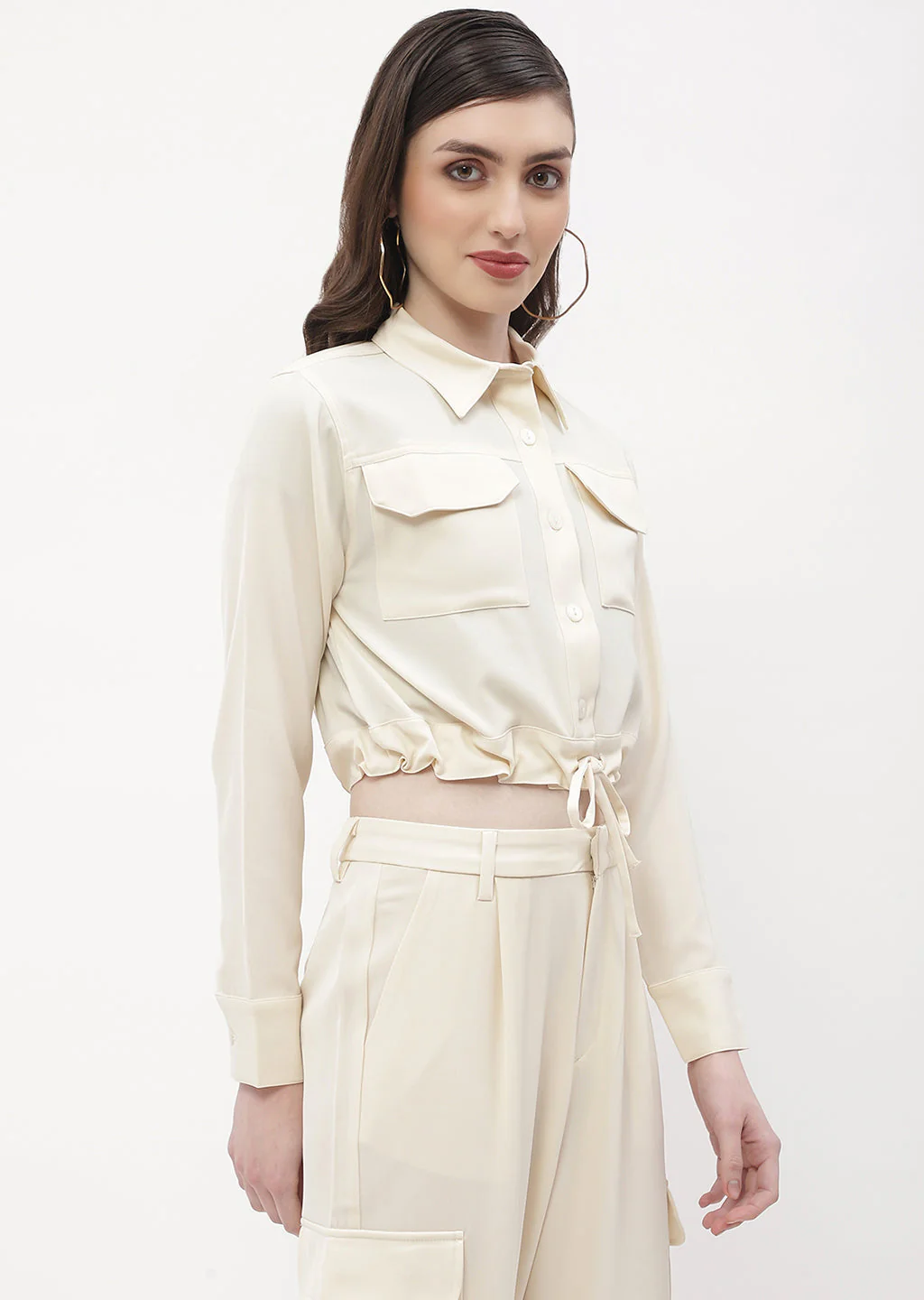 Madame Drawstring Waist Beige Flap Pocket Crop Shirt - Image 5