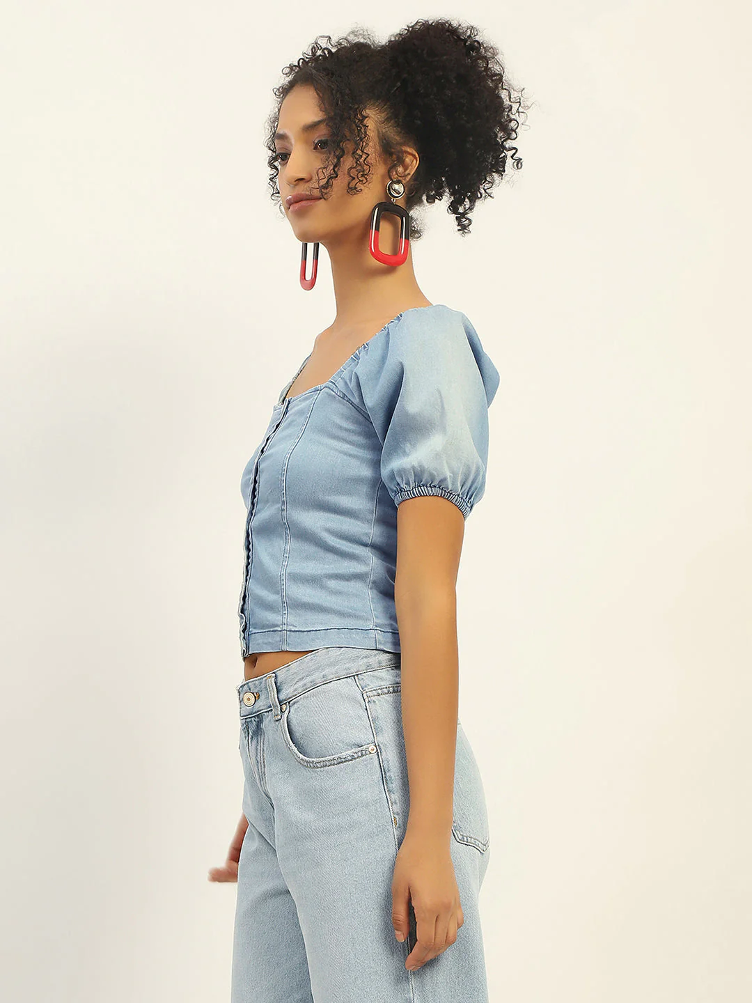 Madame Square Neck Front Button Ice Blue Denim Top - Image 3