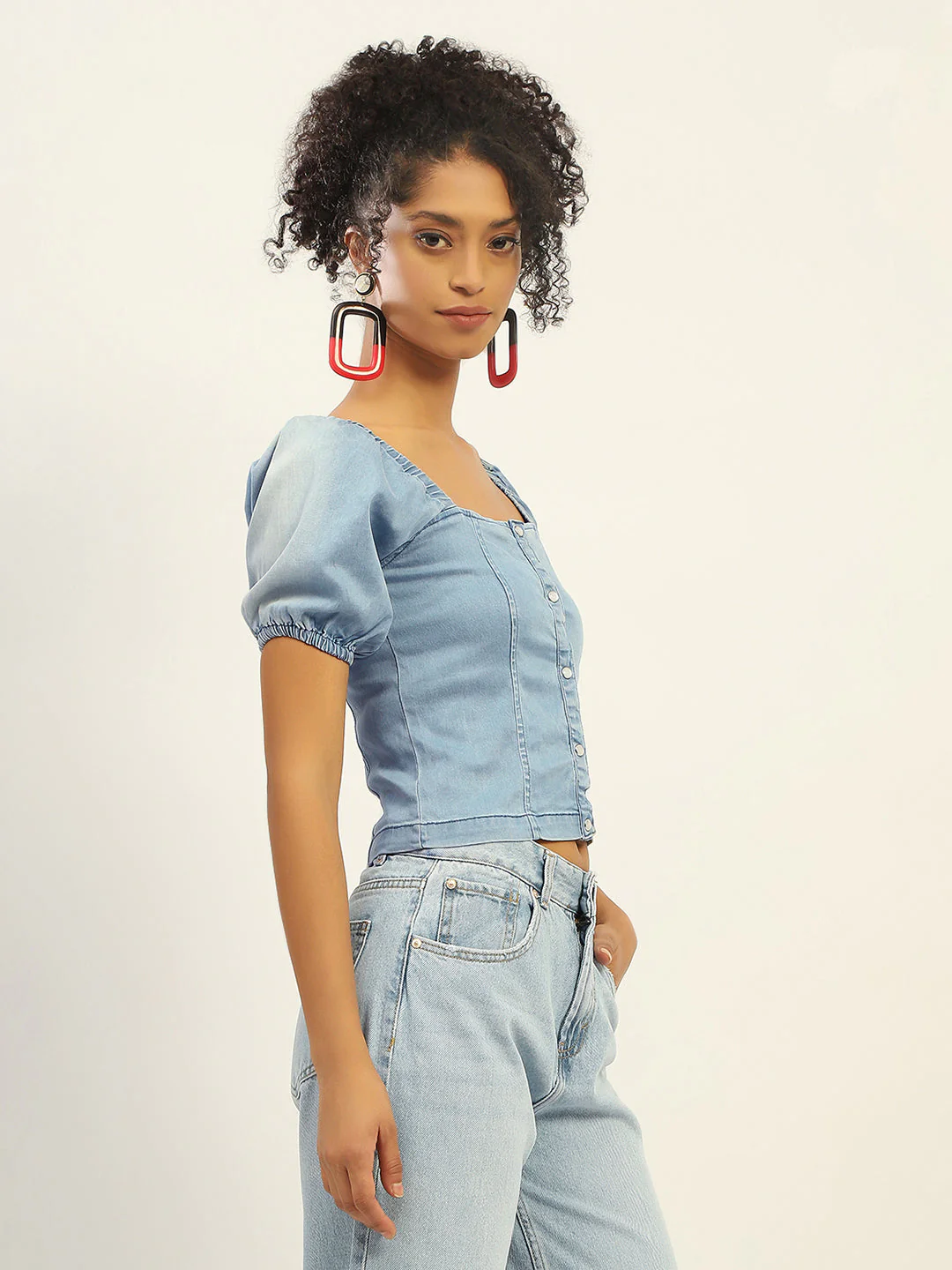Madame Square Neck Front Button Ice Blue Denim Top - Image 4
