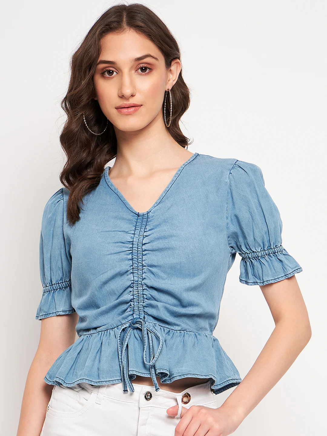 Madame Ruched Front Tie Detail Indigo Peplum Top - Image 3