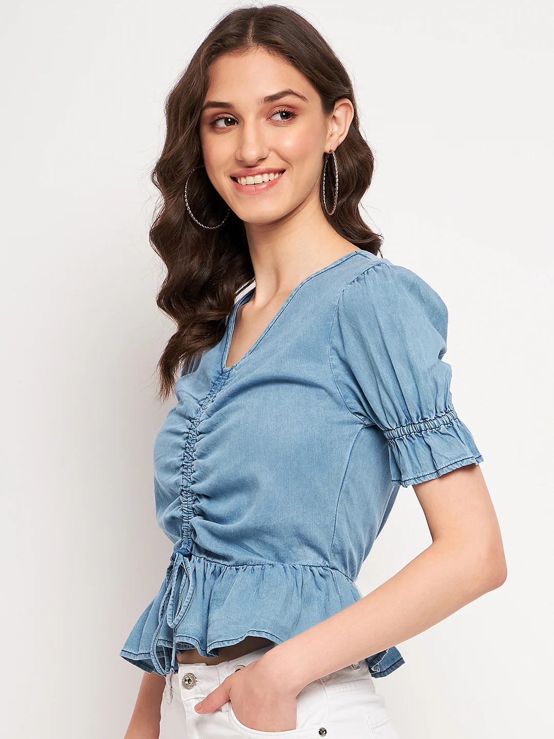 Madame Ruched Front Tie Detail Indigo Peplum Top - Image 5