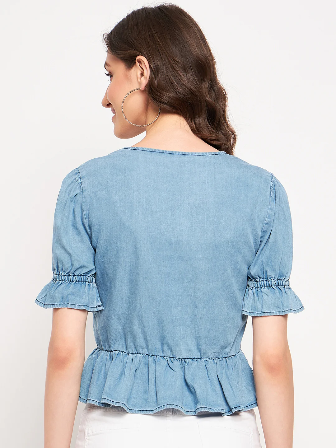 Madame Ruched Front Tie Detail Indigo Peplum Top - Image 6