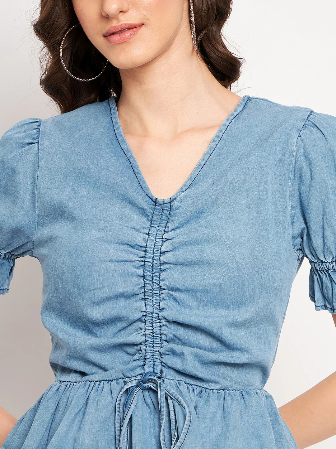 Madame Ruched Front Tie Detail Indigo Peplum Top - Image 7