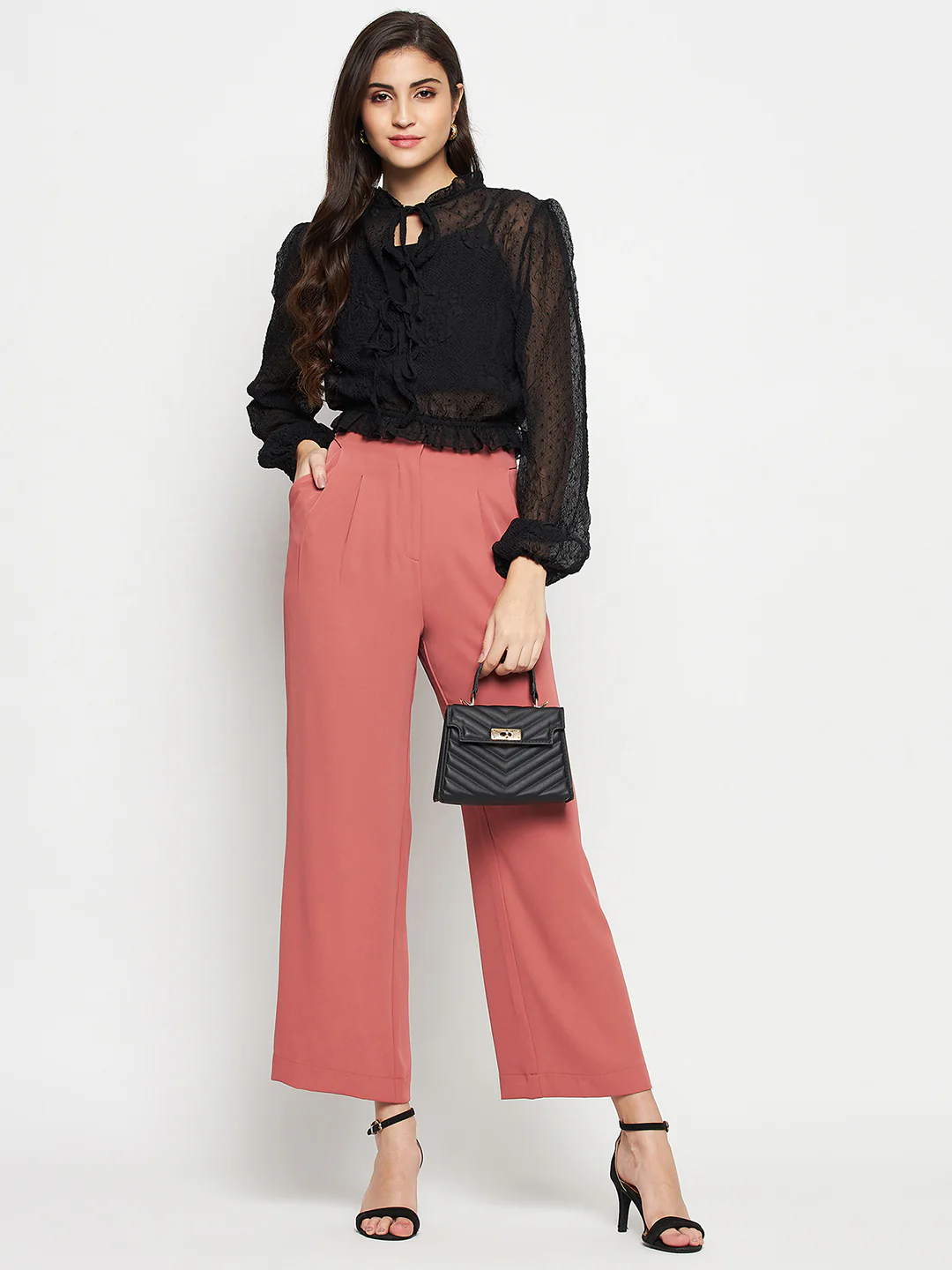 Madame Textured Swiss Dot Detail Black Peplum Top - Image 2
