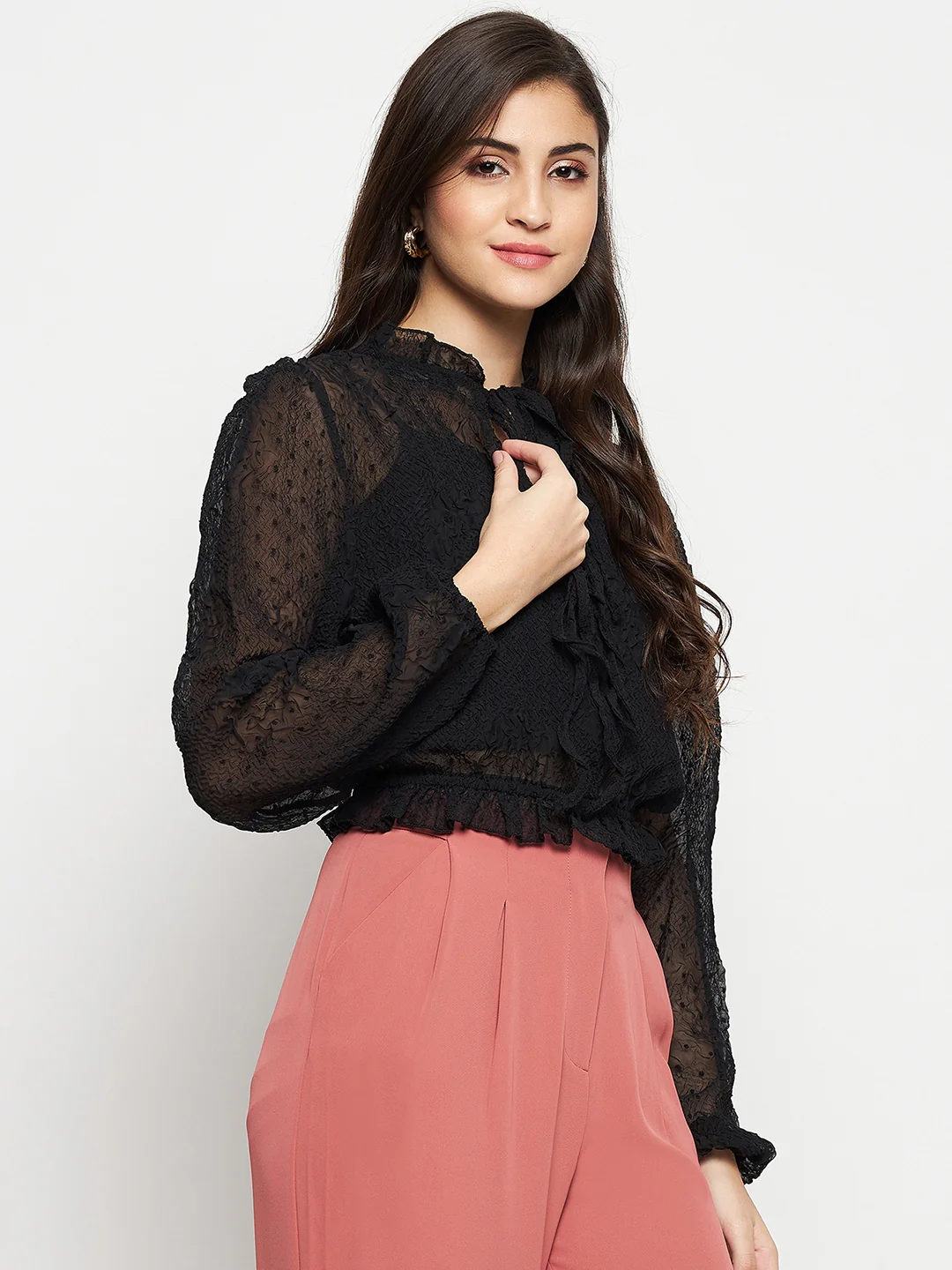 Madame Textured Swiss Dot Detail Black Peplum Top - Image 5