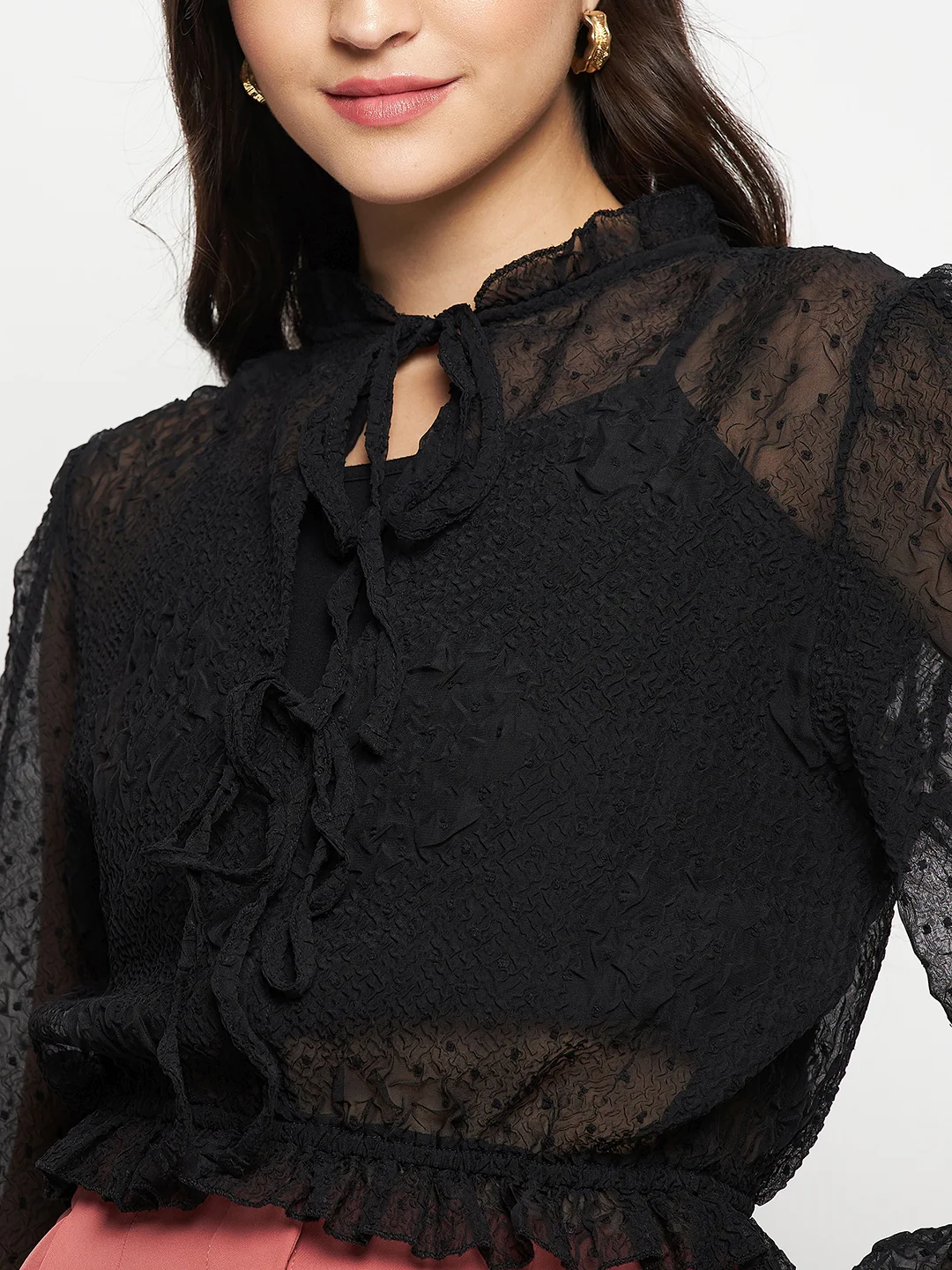 Madame Textured Swiss Dot Detail Black Peplum Top - Image 8