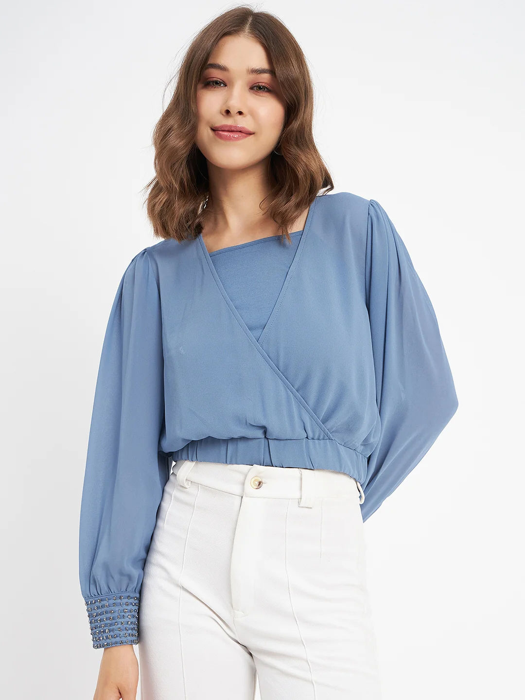 Madame Elasticated Hem Blue Wrap Crop Top - Image 3