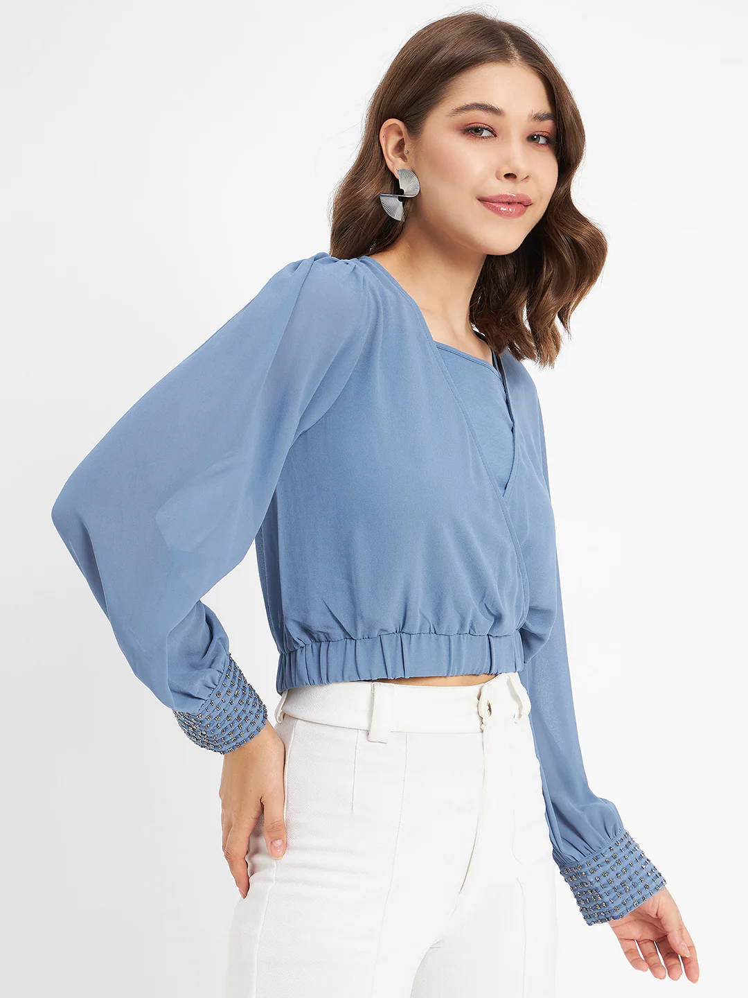 Madame Elasticated Hem Blue Wrap Crop Top - Image 4