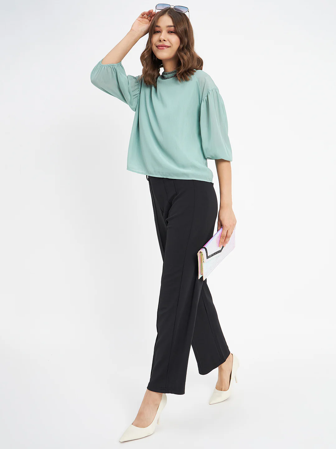 Madame Embellished Neckline Turtle Neck Solid Mint Green Top - Image 2