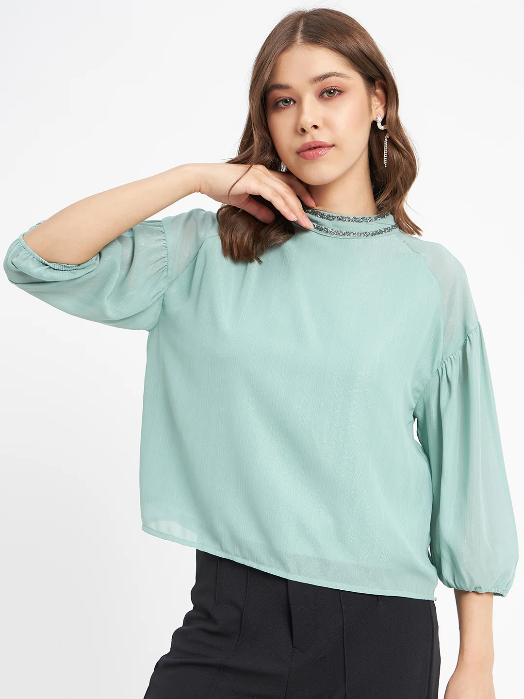 Madame Embellished Neckline Turtle Neck Solid Mint Green Top - Image 3