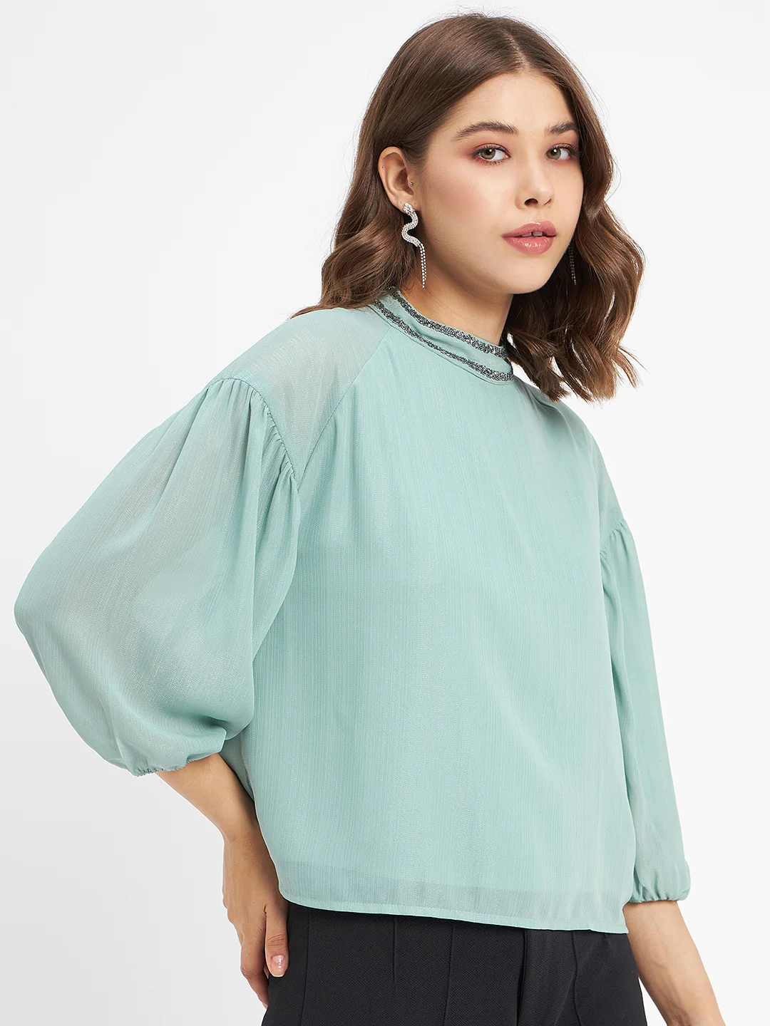 Madame Embellished Neckline Turtle Neck Solid Mint Green Top - Image 4