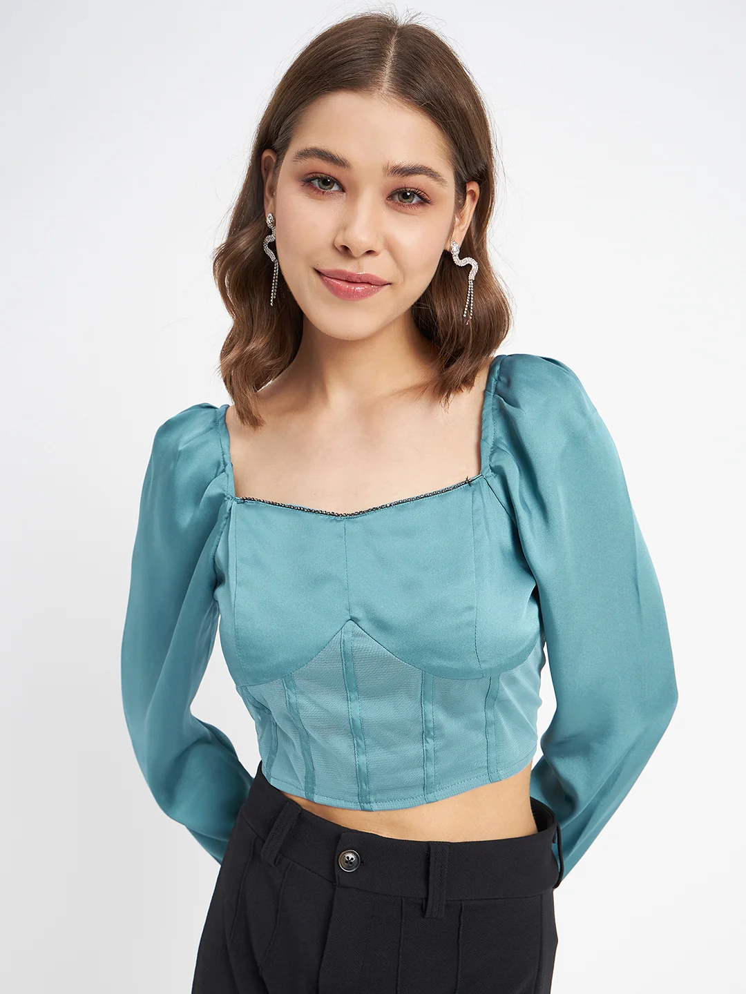 Madame Embellished Detail Corset Style Blue Top - Image 3