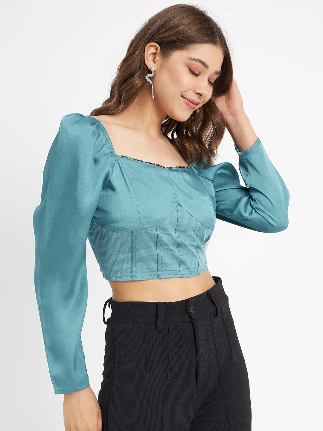 Madame Embellished Detail Corset Style Blue Top - Image 4