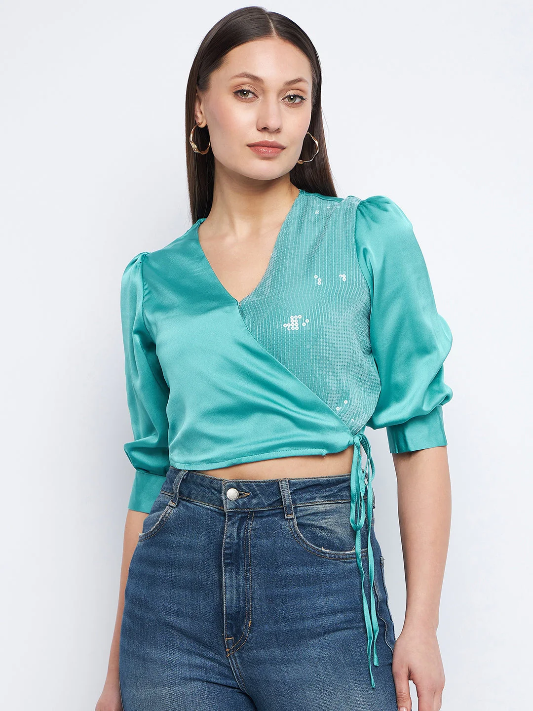 Madame Surplice Neck Sea Green Sequinned Top - Image 2