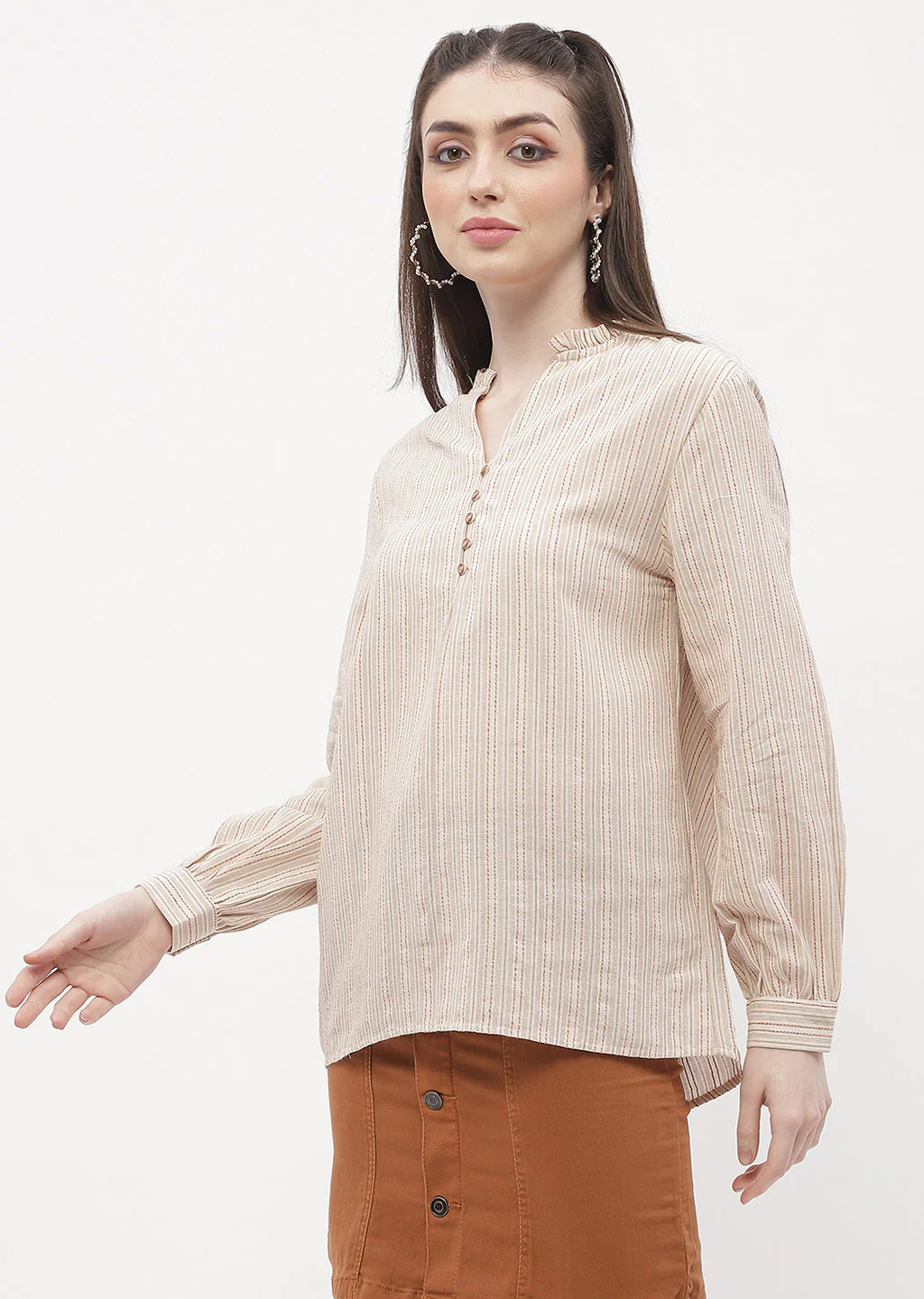 Madame Ruffle Mandarin Collar Beige Striped Top - Image 4