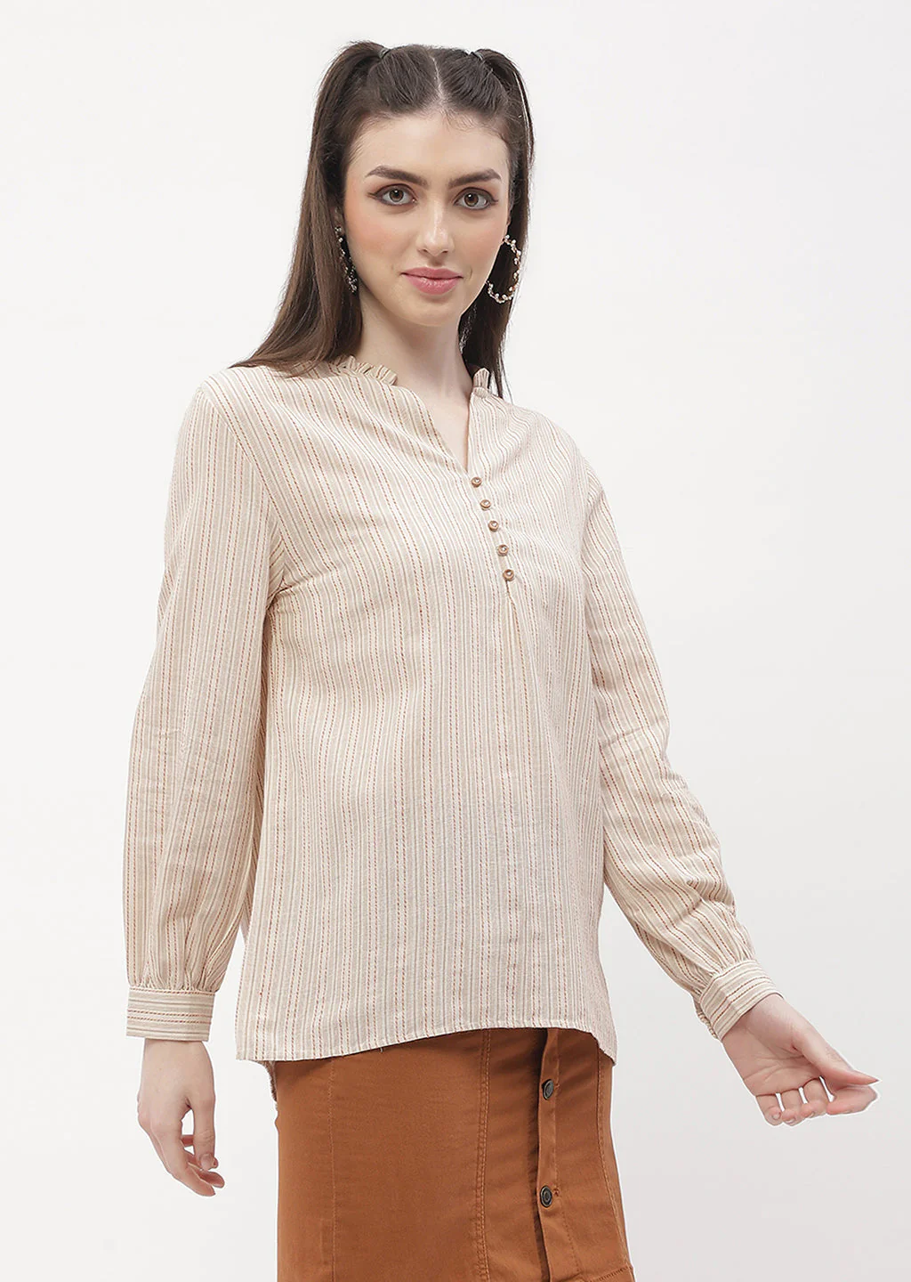 Madame Ruffle Mandarin Collar Beige Striped Top - Image 5
