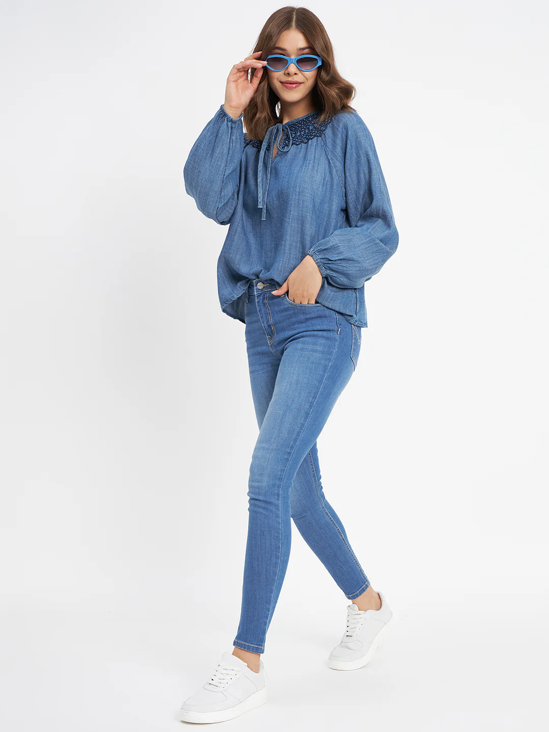 Madame Embroidered Collar Tie Neck Blue Cotton Top - Image 2