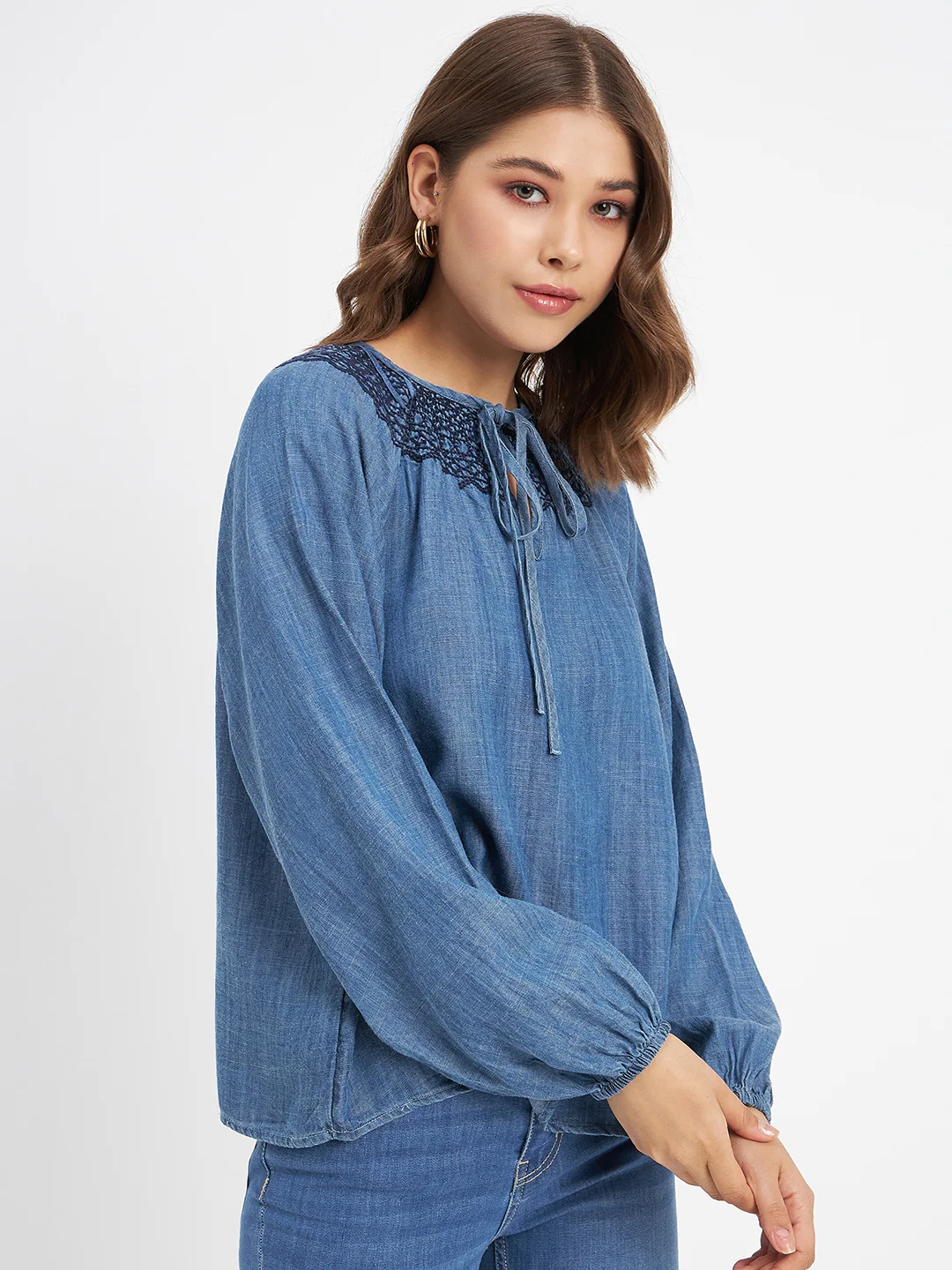 Madame Embroidered Collar Tie Neck Blue Cotton Top - Image 4