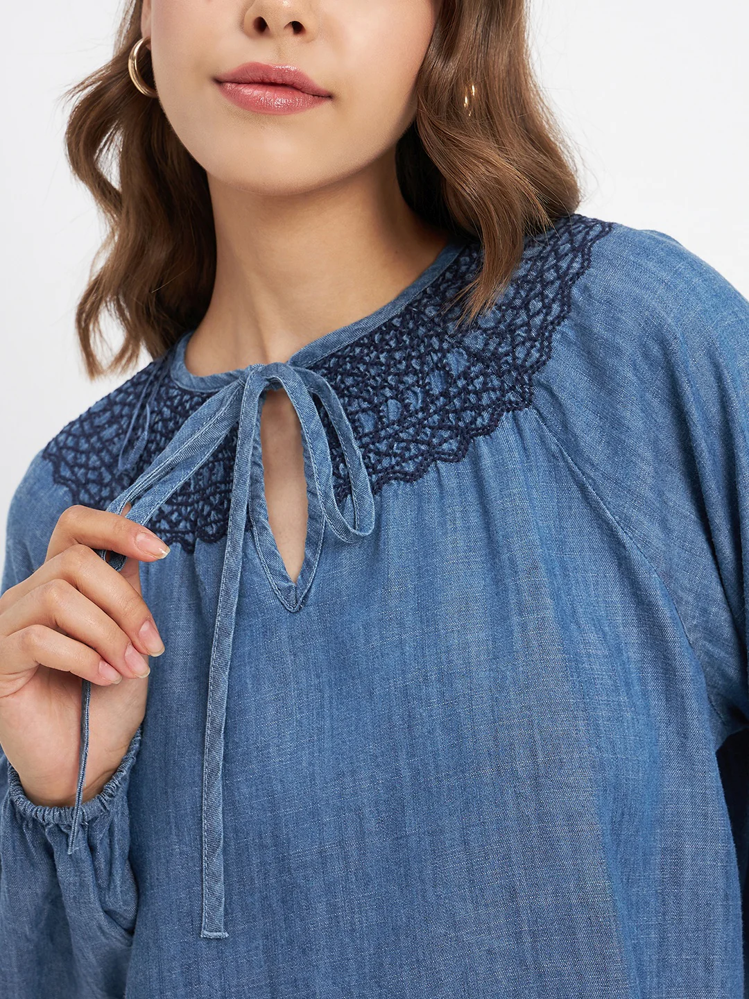 Madame Embroidered Collar Tie Neck Blue Cotton Top - Image 7