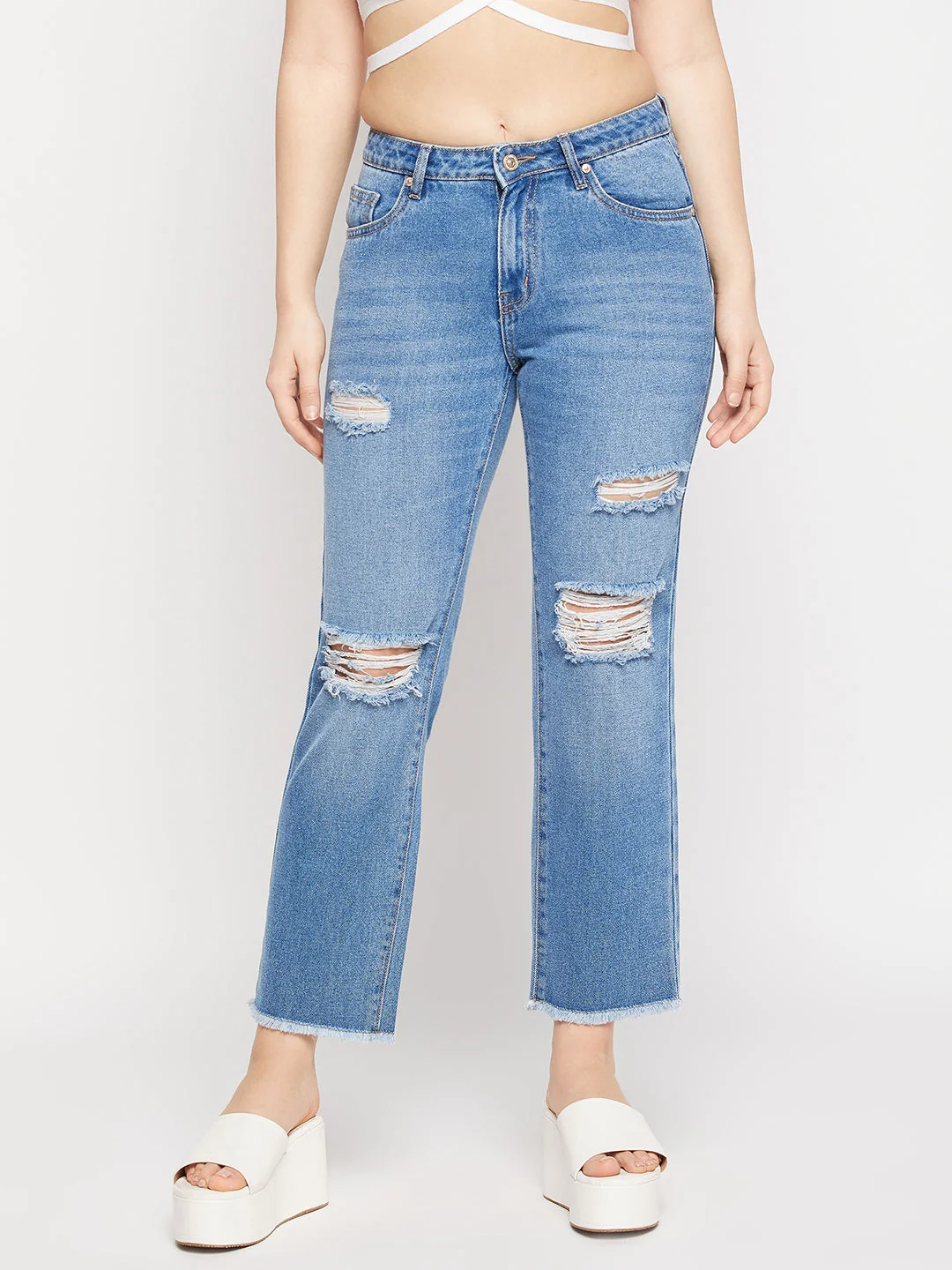 Madame Ripped Mid-Rise Double Wash Cropped Straight Fit Jeans