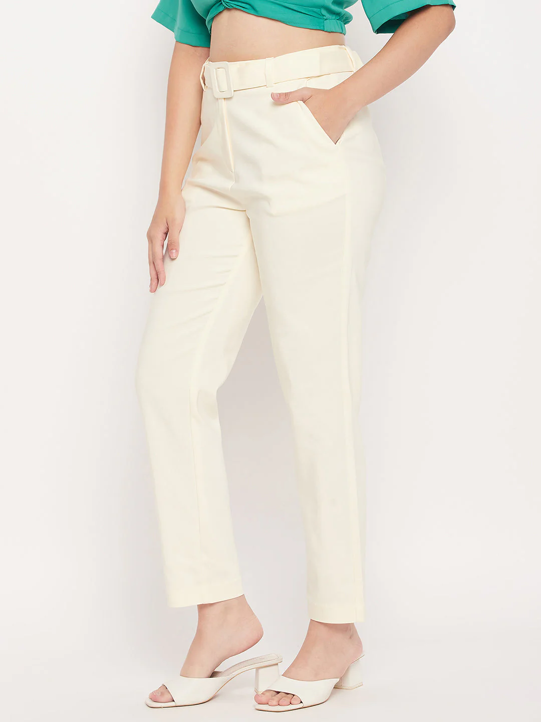 Madame White Slim Fit Belt Trouser - Image 3