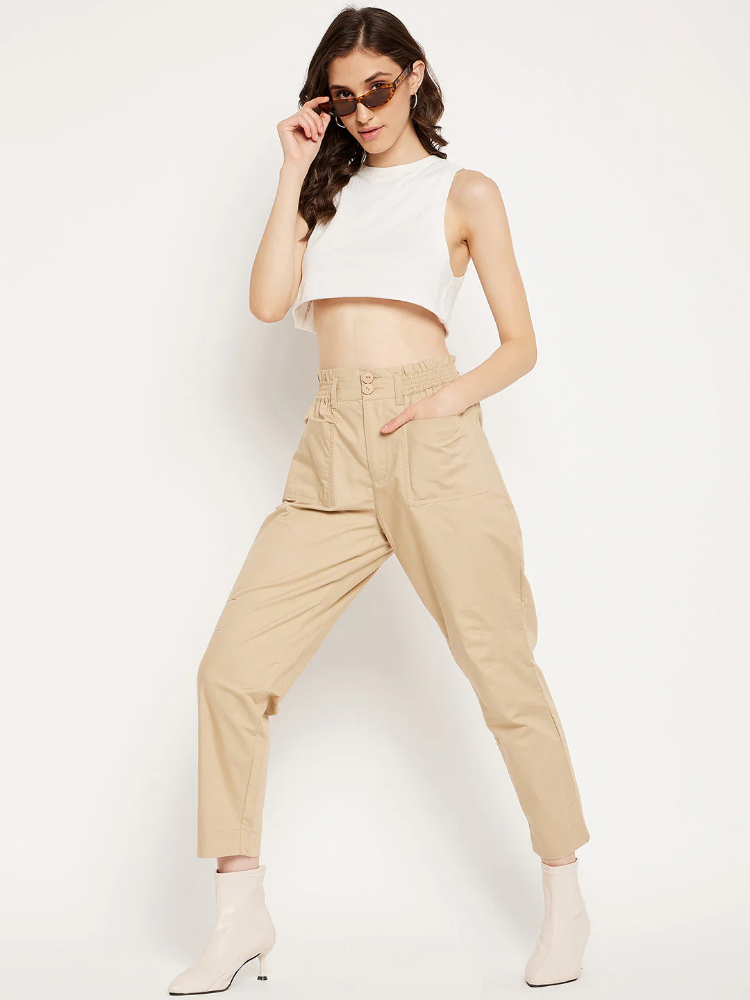Madame Beige Ankle Length Cotton Trousers - Image 2