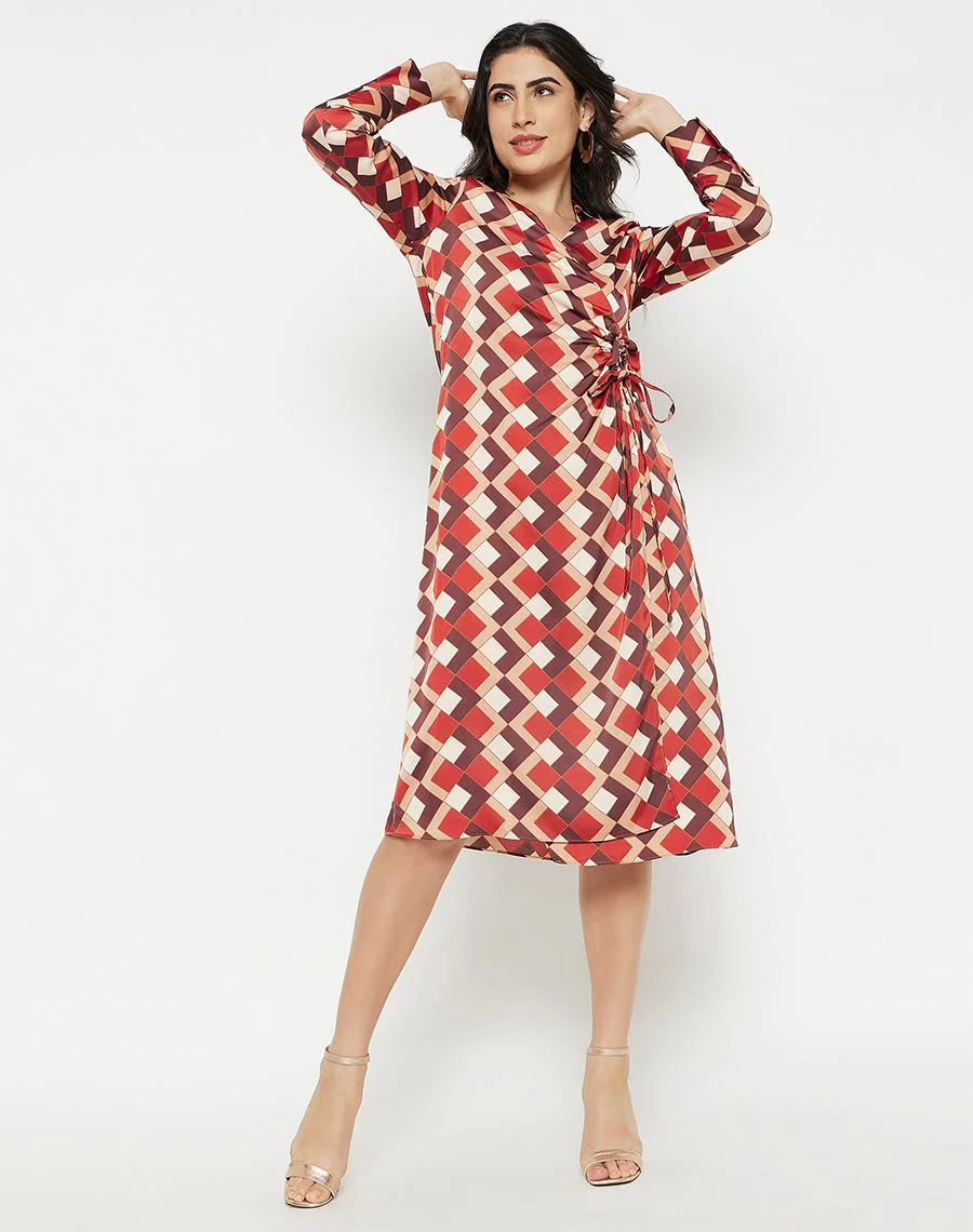 Madame Geometric Print Side Ruched Rosewood Midi Dress - Image 2