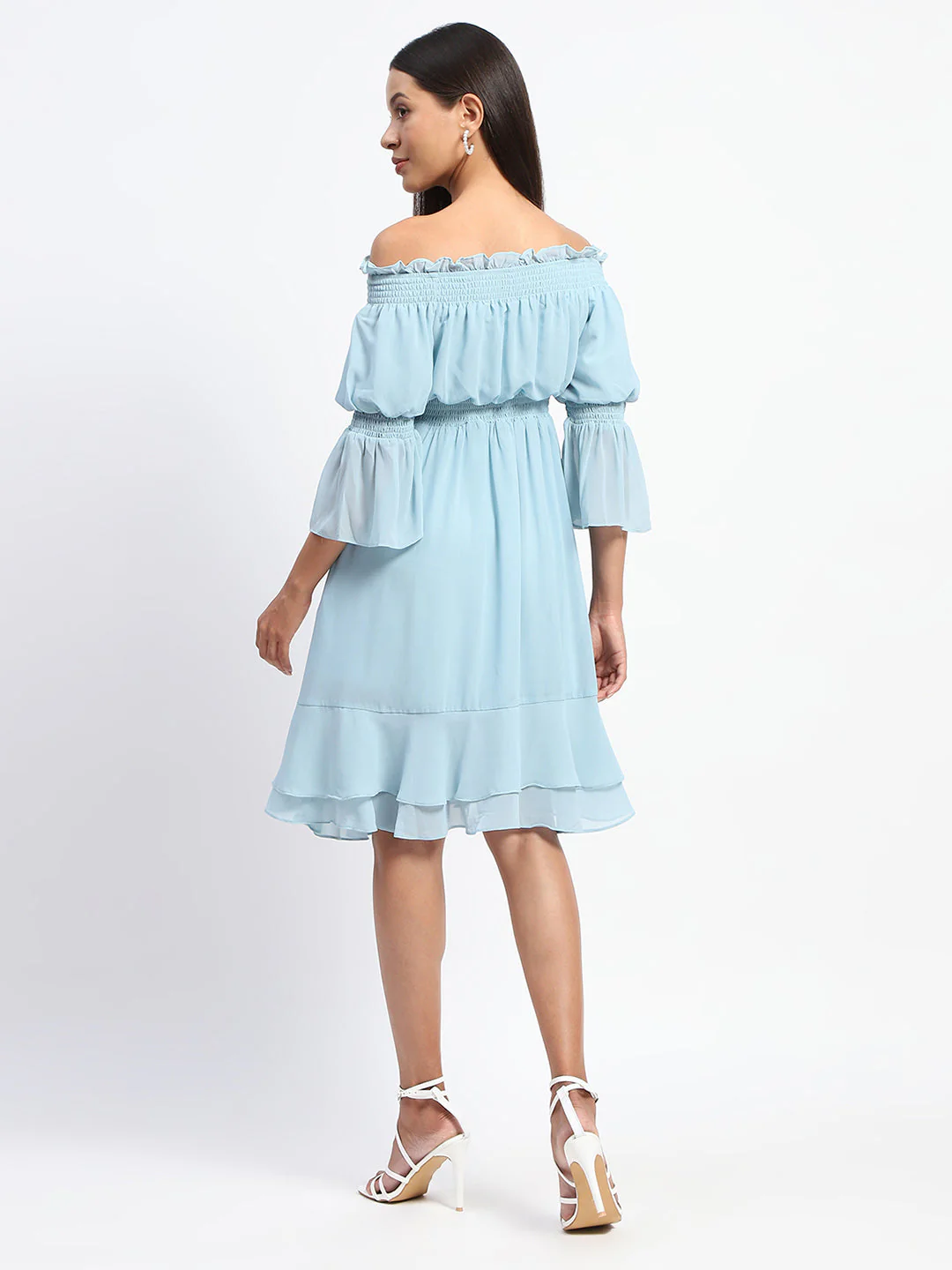 Madame Off Shoulder Cinched Waist Aqua Blue Midi Dress - Image 5