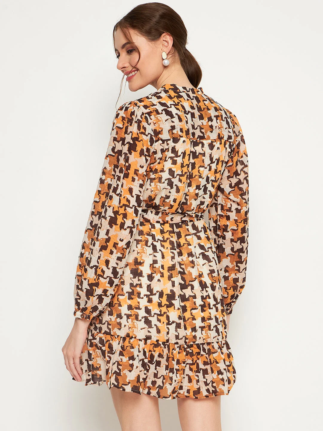 Madame Beige Abstract Print Self-Belted Dress - Image 3