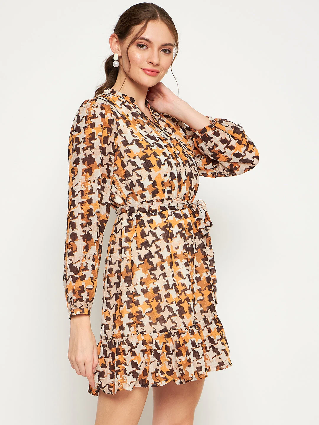 Madame Beige Abstract Print Self-Belted Dress - Image 5