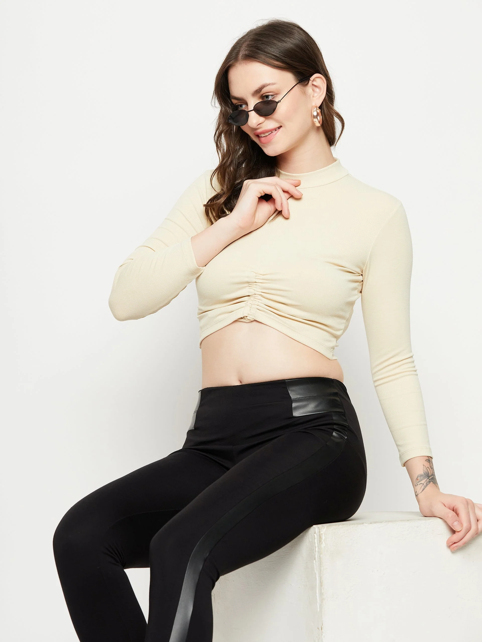 Madame Beige Drawstring Crop Top