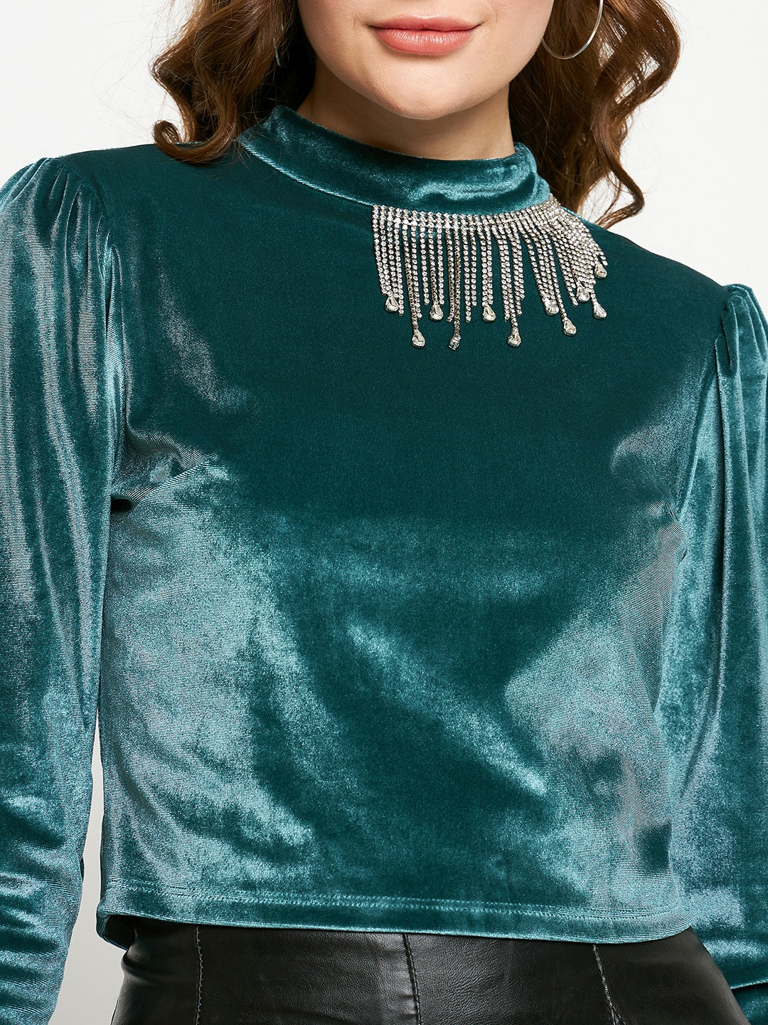 Madame Peacock Blue Rhinestone Embellished Mock Neck Velvet Top - Image 2